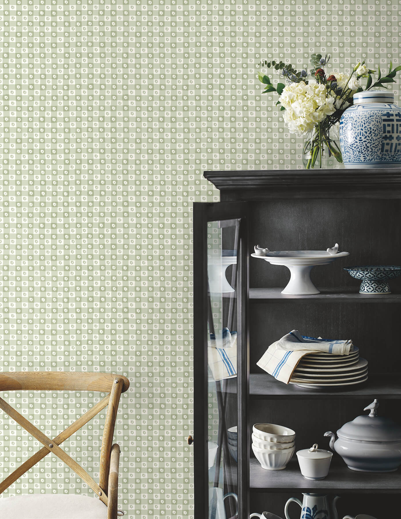 Daisy Gingham Green Floral Check Premium Peel  Stick Wallpaper