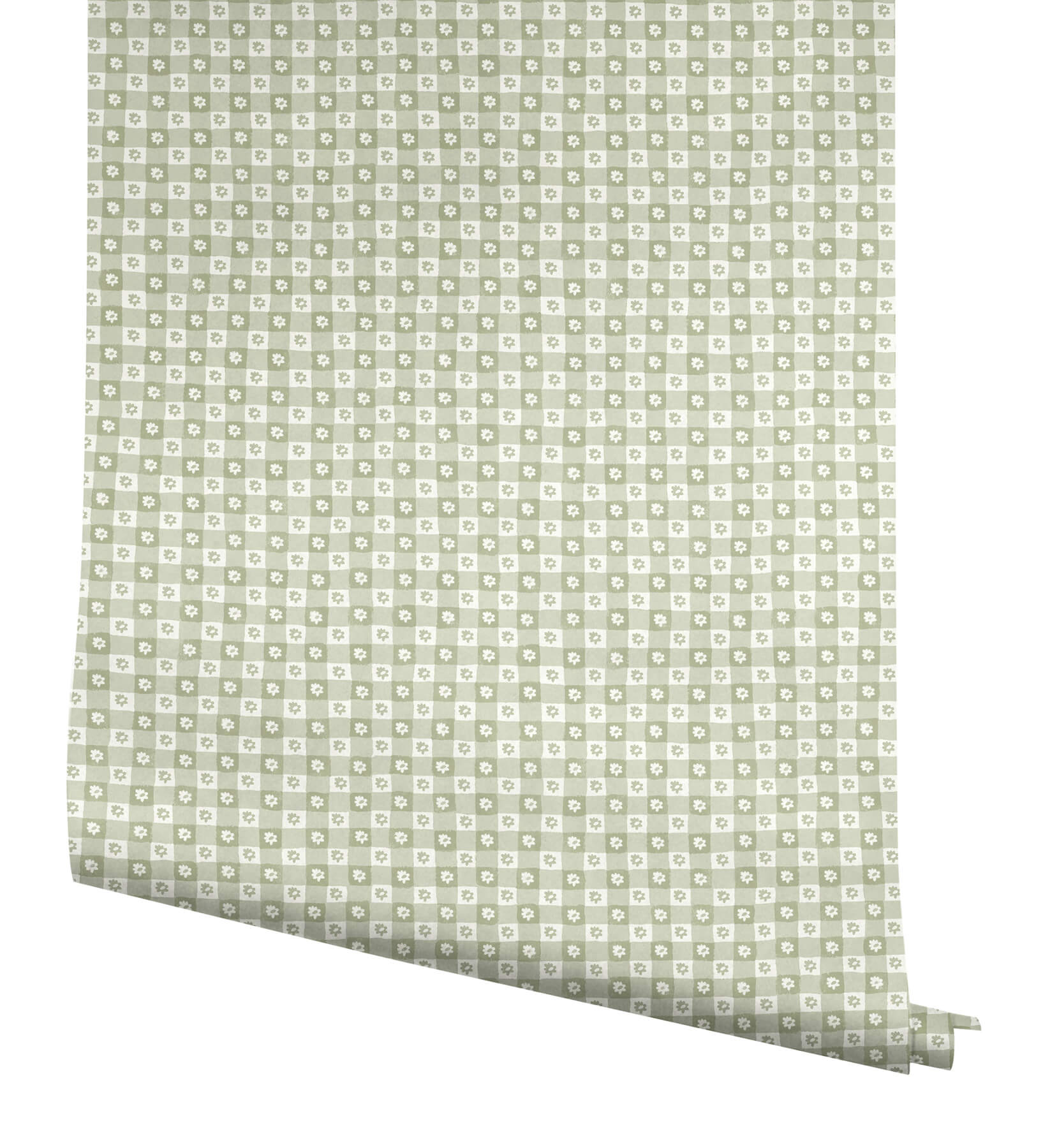 Daisy Gingham Green Floral Check Premium Peel  Stick Wallpaper