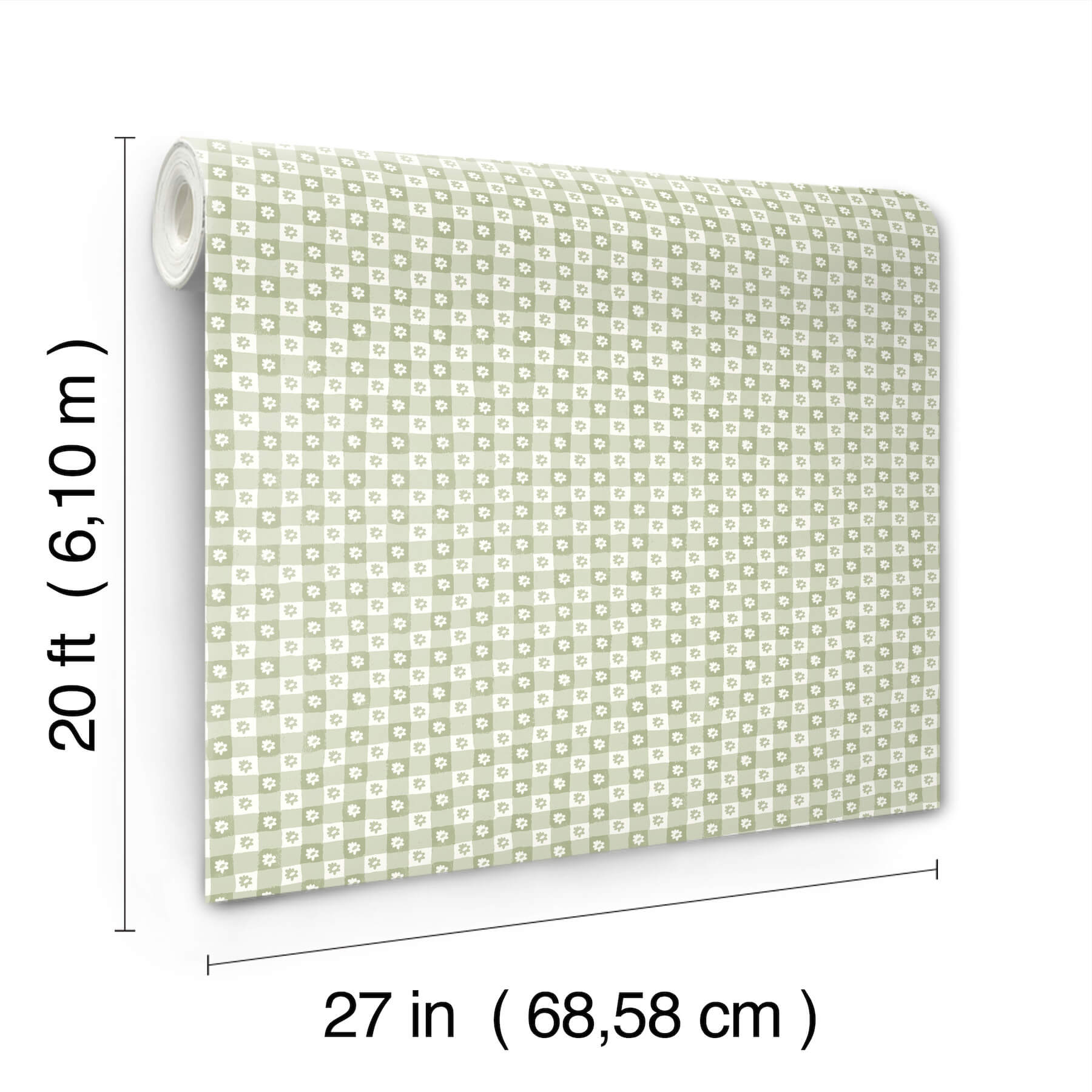 Daisy Gingham Green Floral Check Premium Peel  Stick Wallpaper