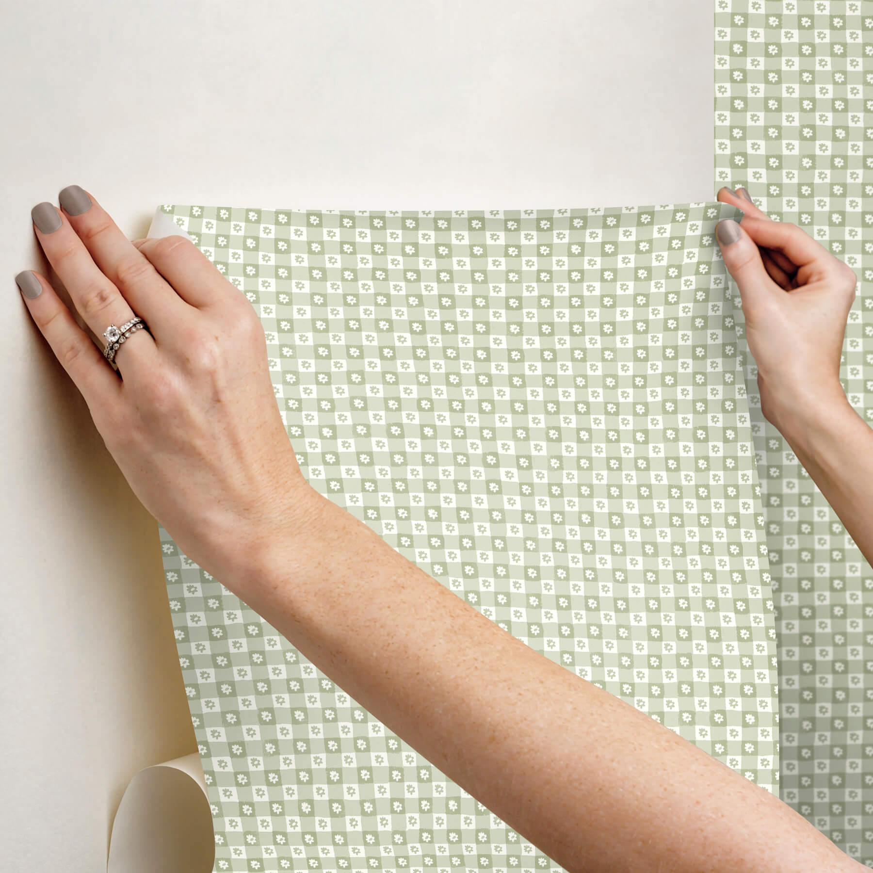 Daisy Gingham Green Floral Check Premium Peel  Stick Wallpaper