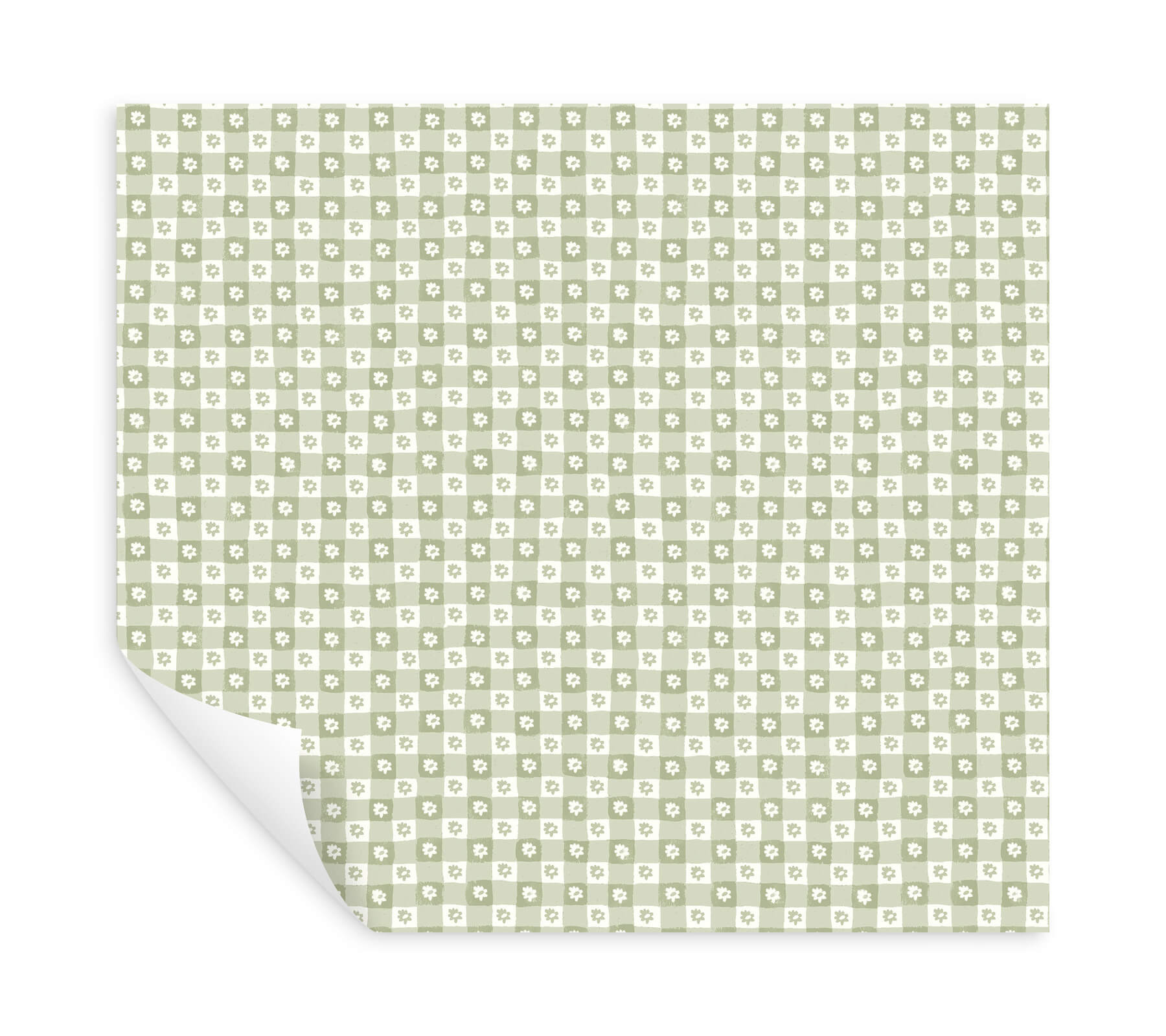 Daisy Gingham Green Floral Check Premium Peel  Stick Wallpaper