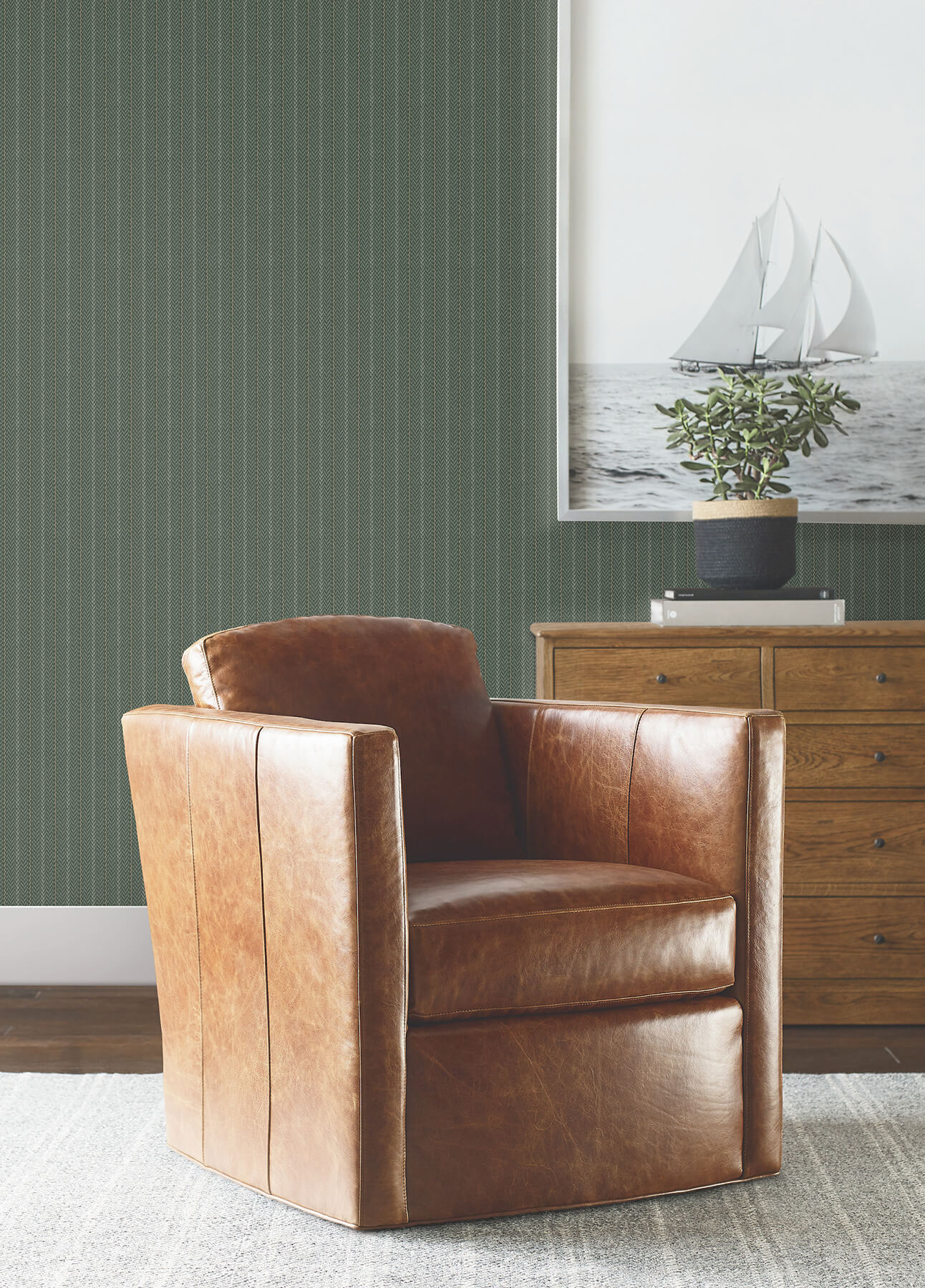 Elkan Stripe Green Herringbone Wallpaper