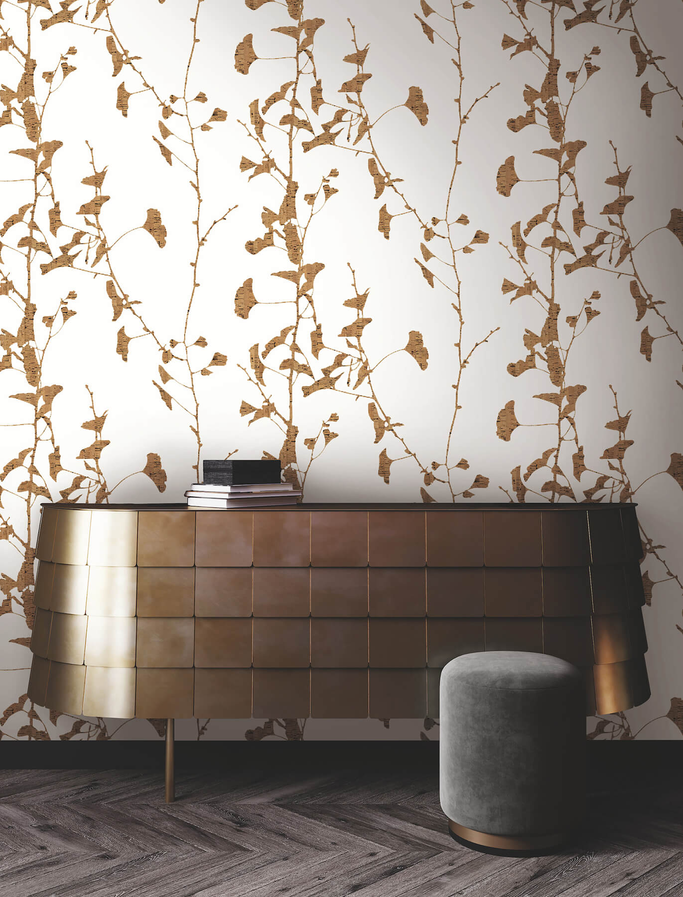 124-ginkgo-silhouette-light-brown-cork-wallpaper-2.jpg Ginkgo Silhouette Light Brown Cork Wallpaper
