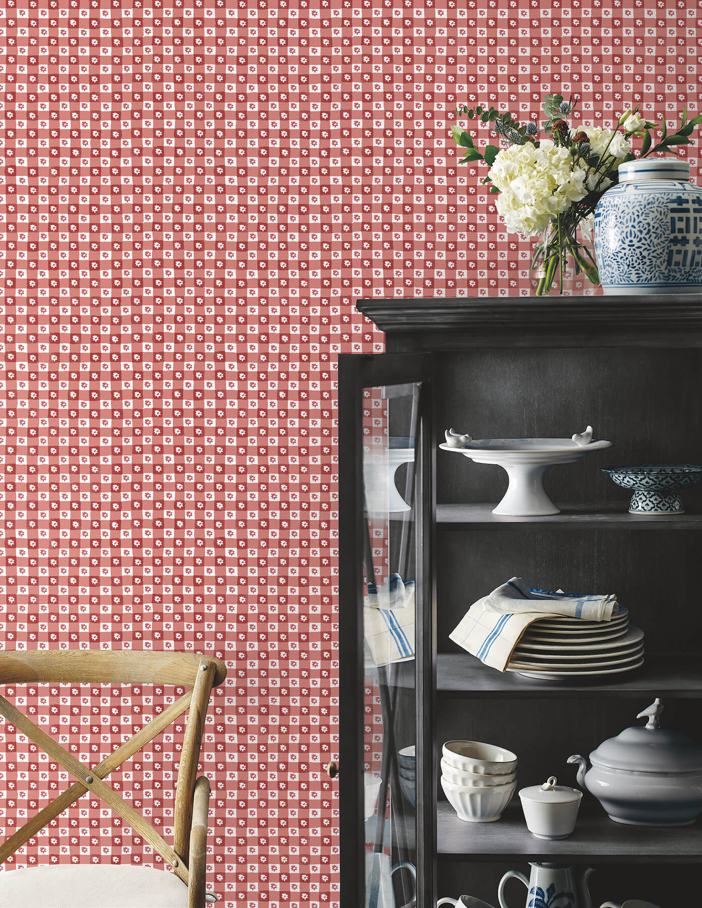 Daisy Gingham Red Floral Check Premium Peel  Stick Wallpaper