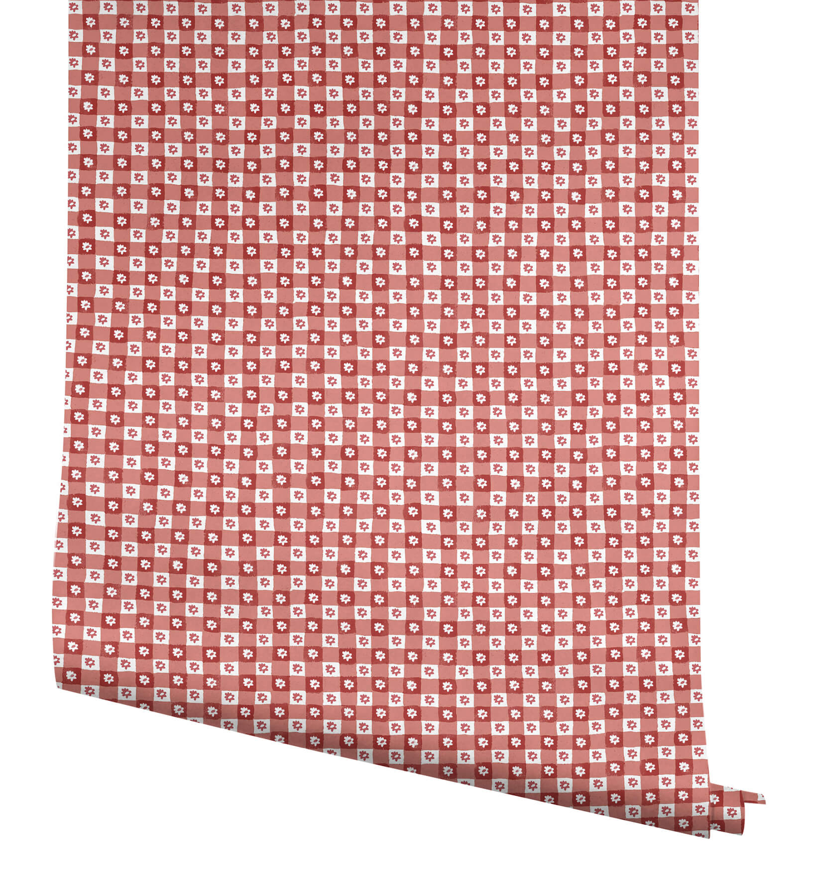 Daisy Gingham Red Floral Check Premium Peel  Stick Wallpaper