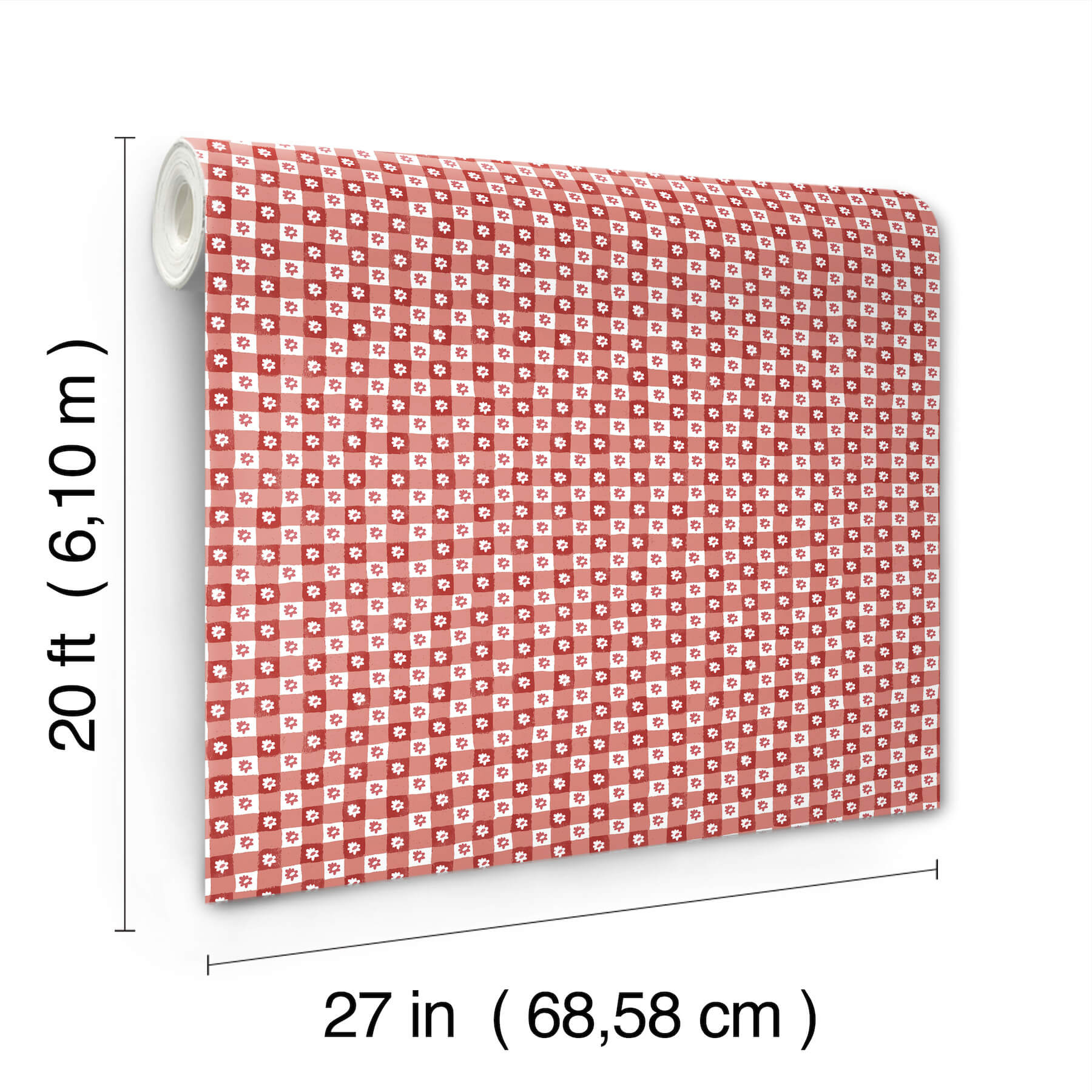 Daisy Gingham Red Floral Check Premium Peel  Stick Wallpaper
