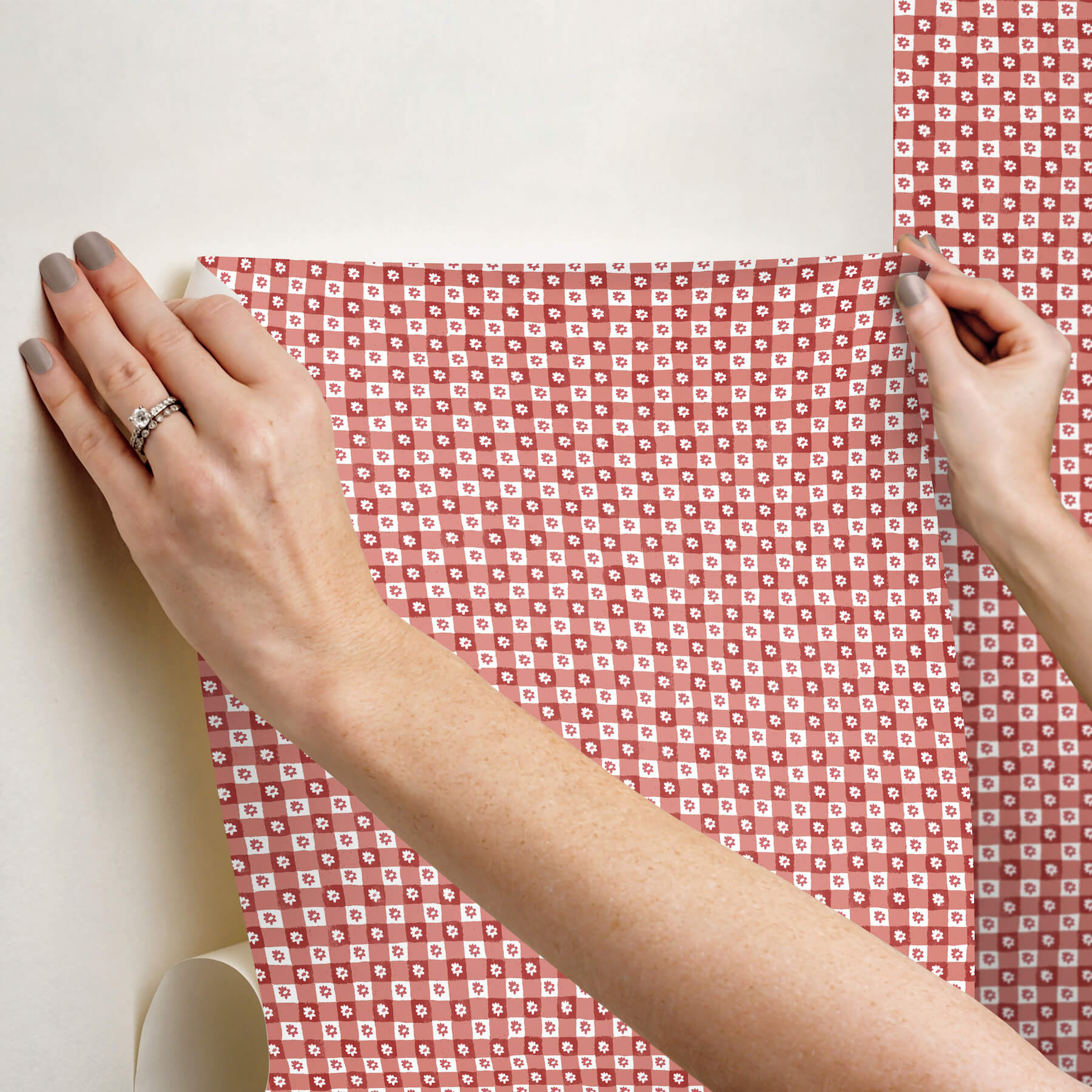 Daisy Gingham Red Floral Check Premium Peel  Stick Wallpaper