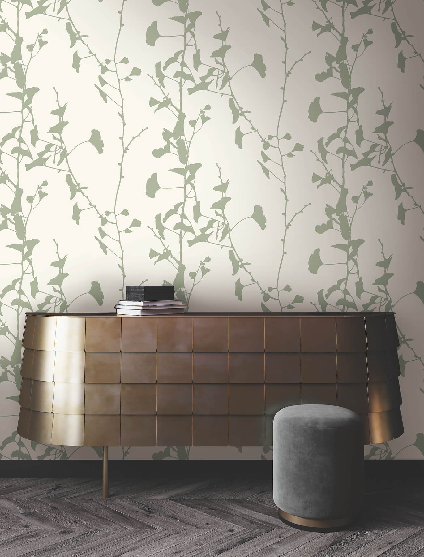 Ginkgo Silhouette Sage Cork Wallpaper