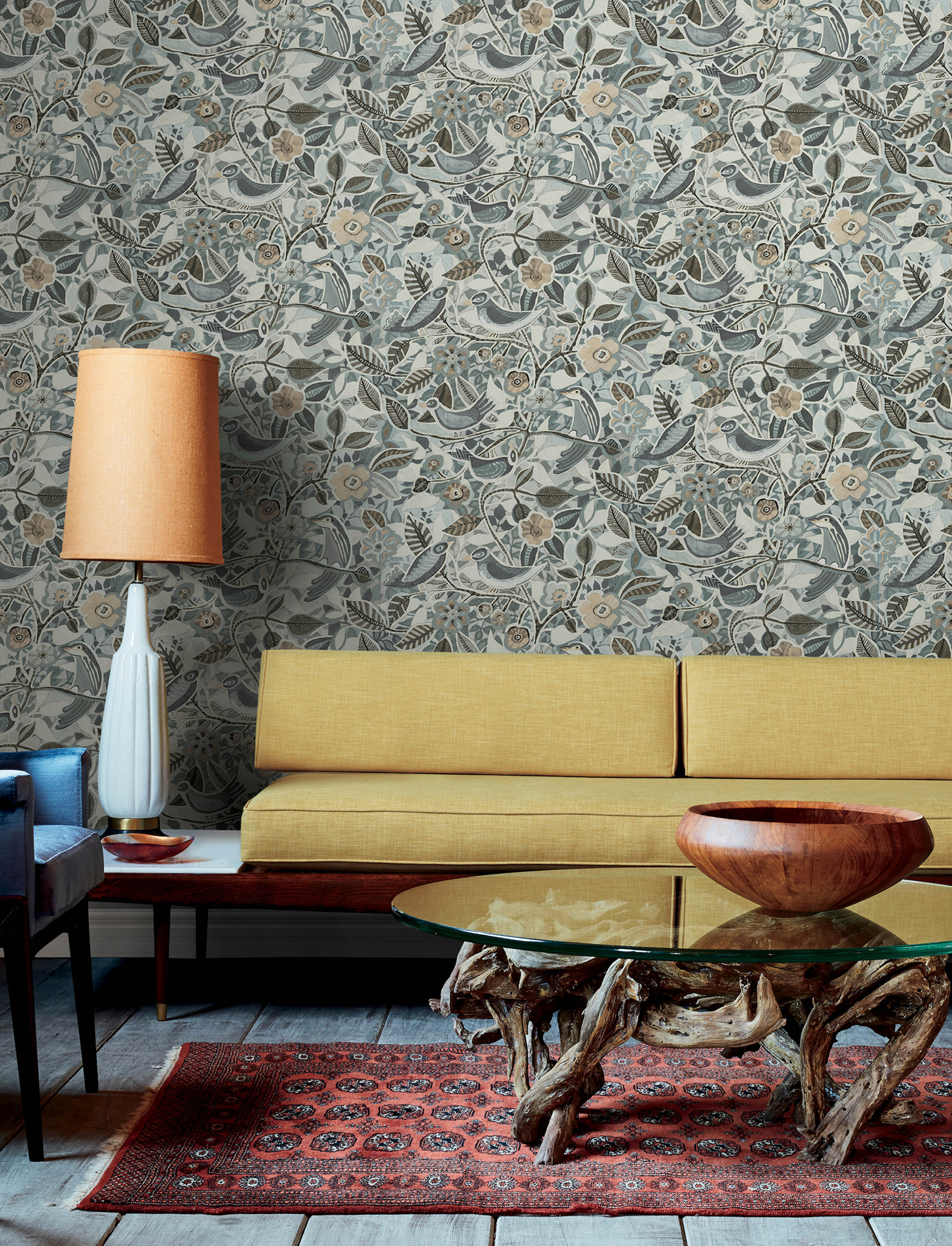 Manette Slate Birds in the Bush Wallpaper