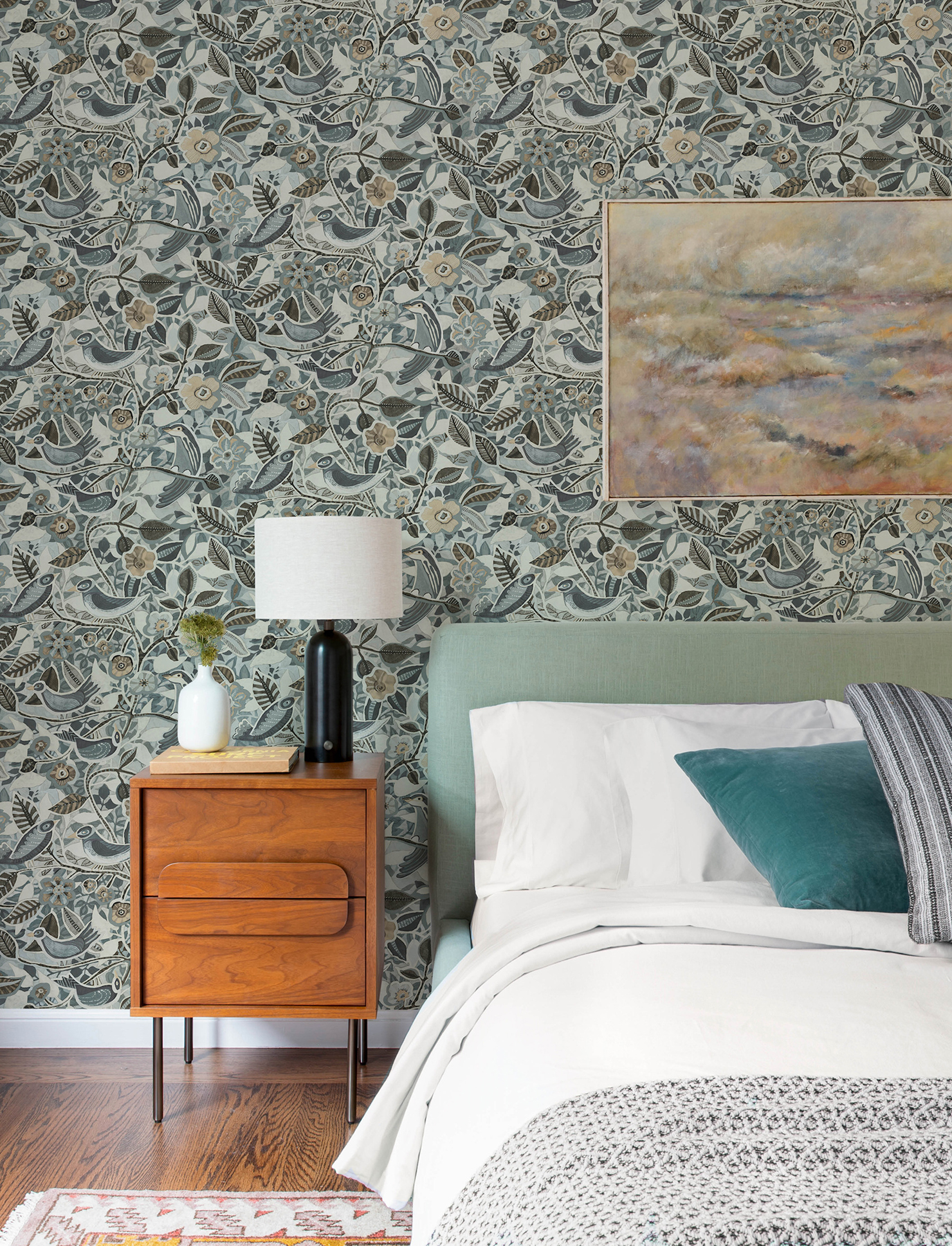 Manette Slate Birds in the Bush Wallpaper
