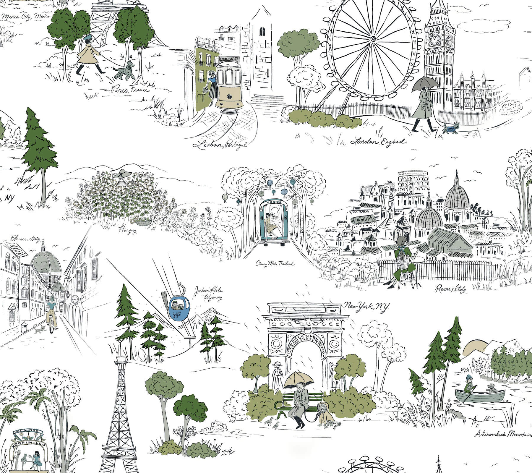 Travel Sketches Blue Globetrotter Premium Peel  Stick Wallpaper
