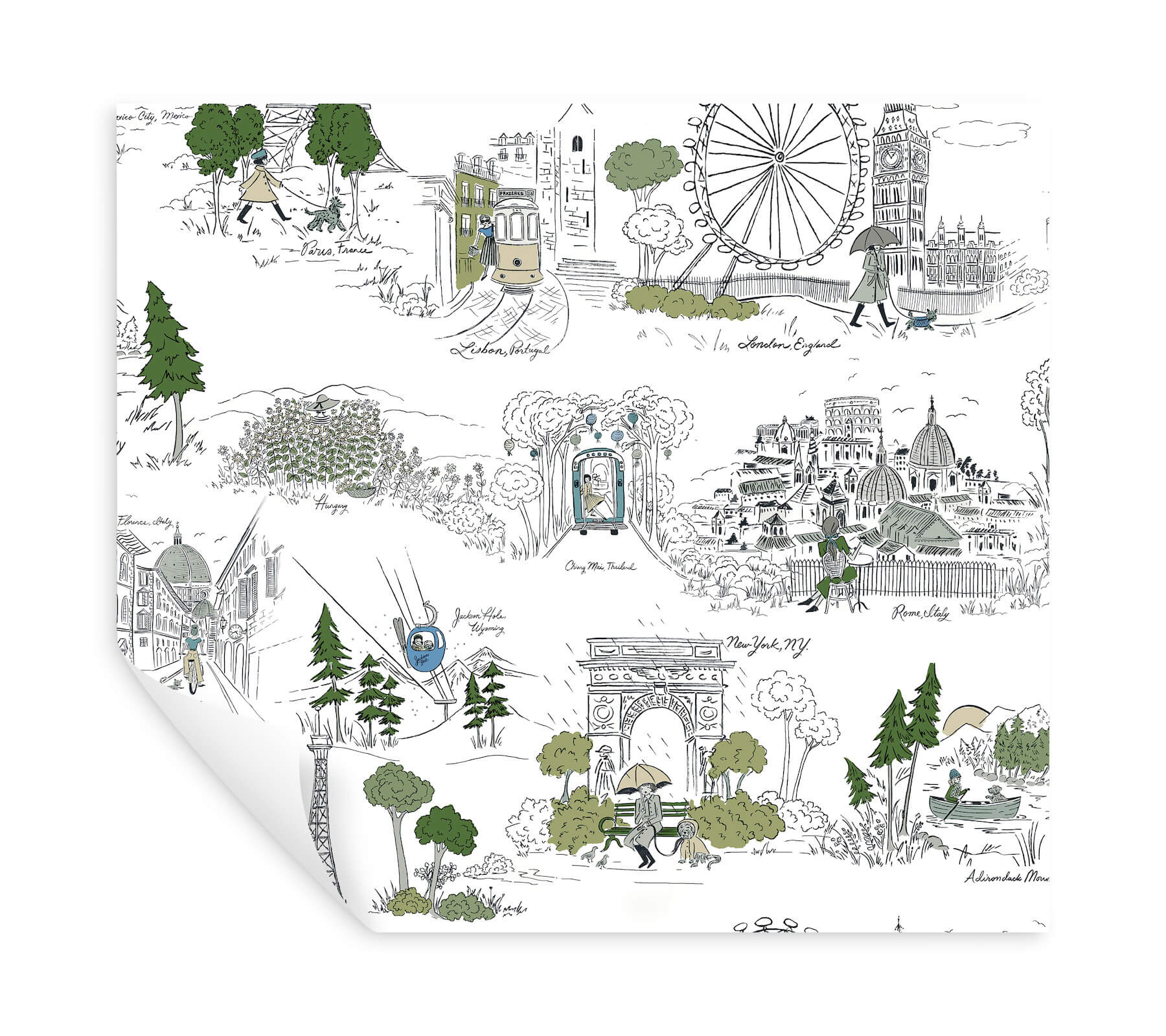 Travel Sketches Blue Globetrotter Premium Peel  Stick Wallpaper