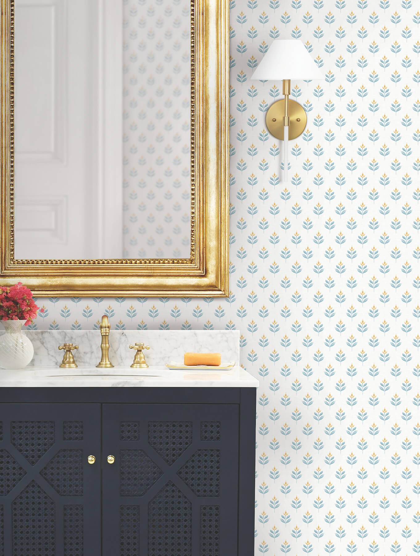 Serene Villa Teal Floral Stamp Wallpaper