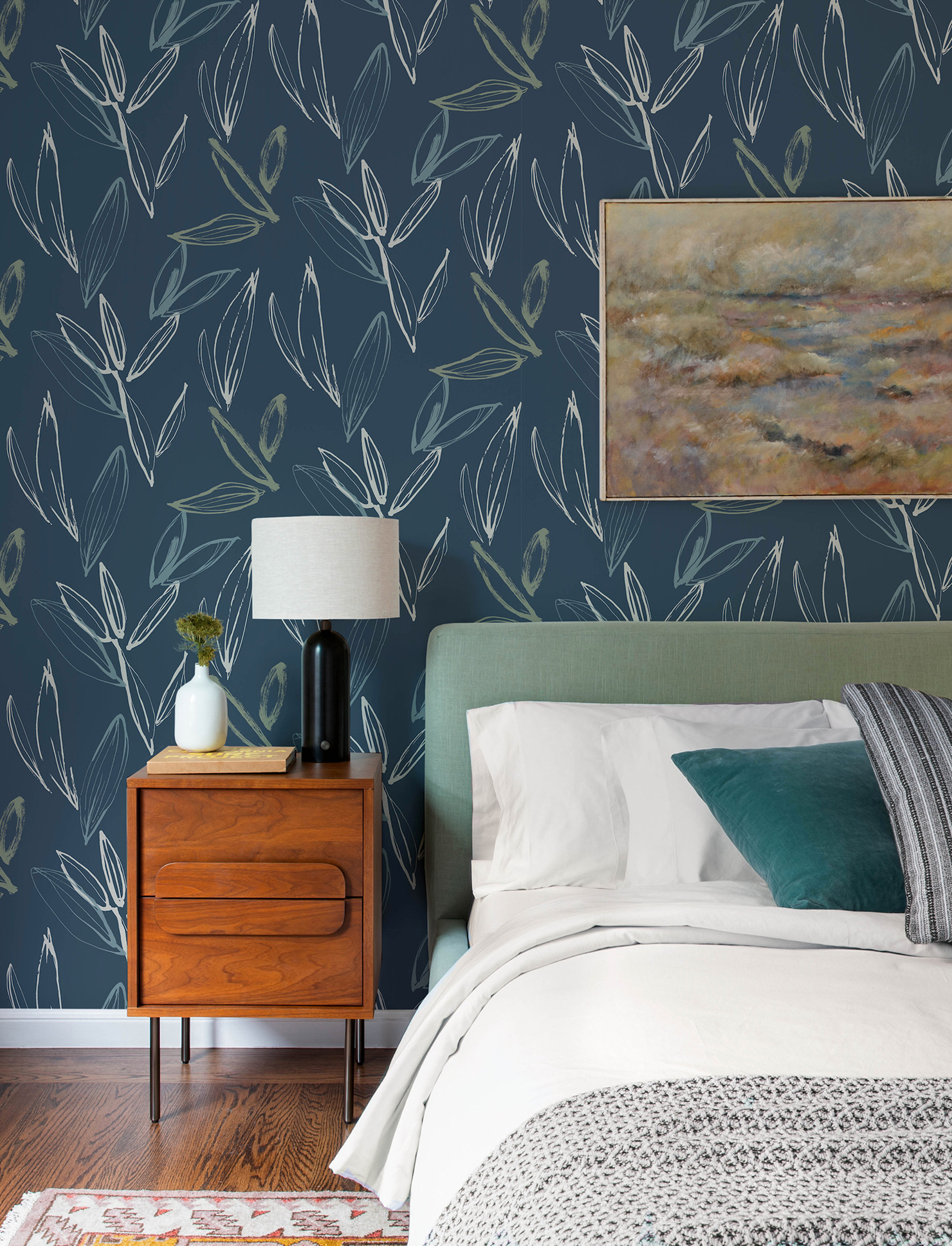 Kenia Indigo Leaf Toss Wallpaper