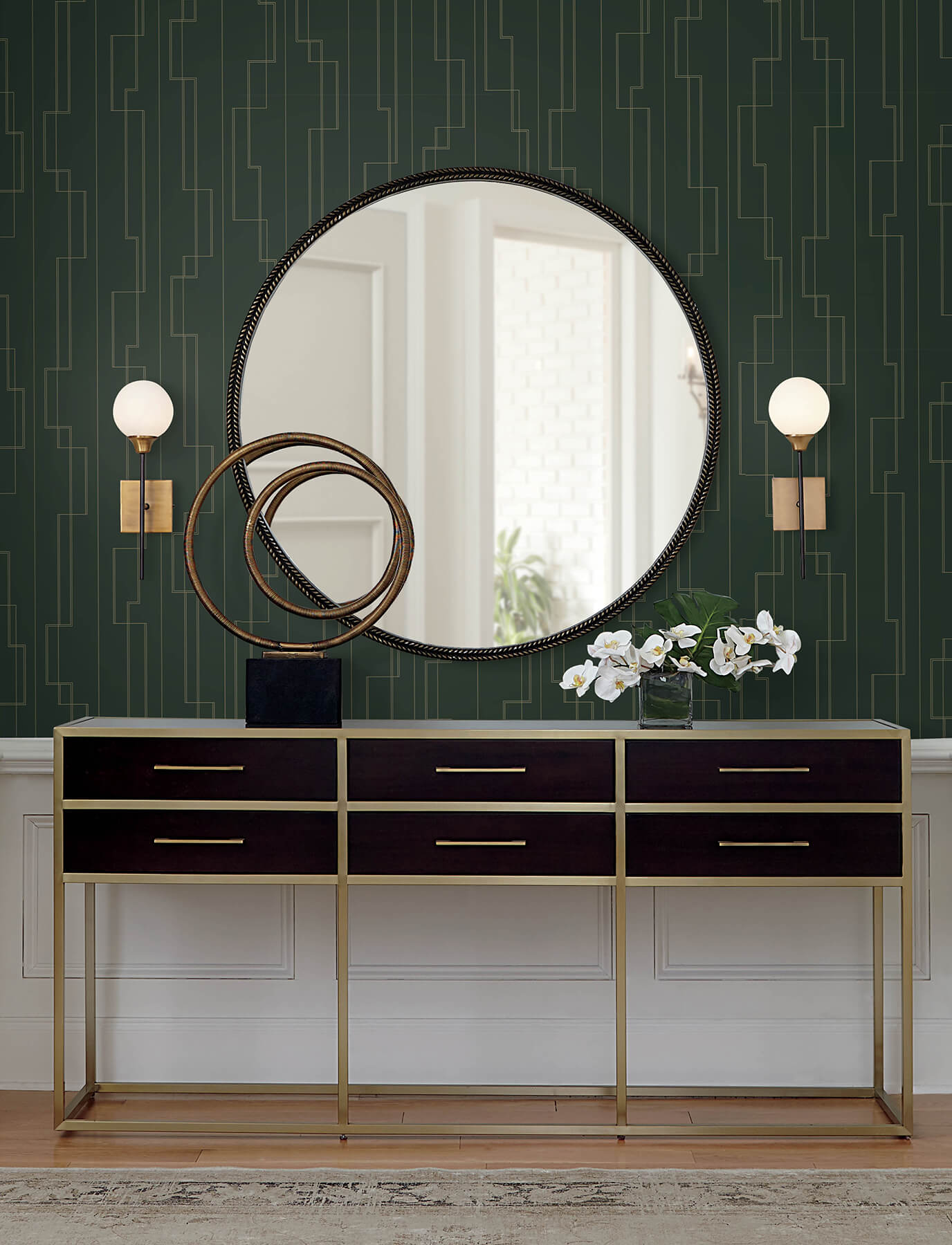 Anson Evergreen Deco Detailing Wallpaper