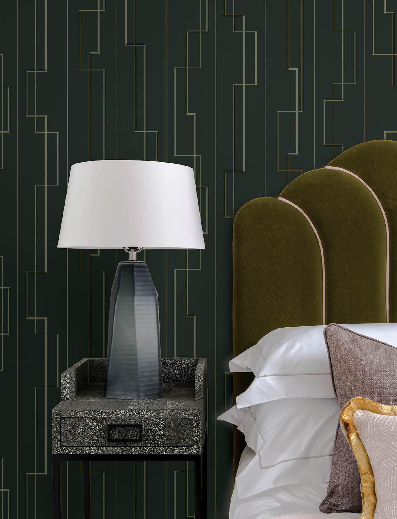 Anson Evergreen Deco Detailing Wallpaper