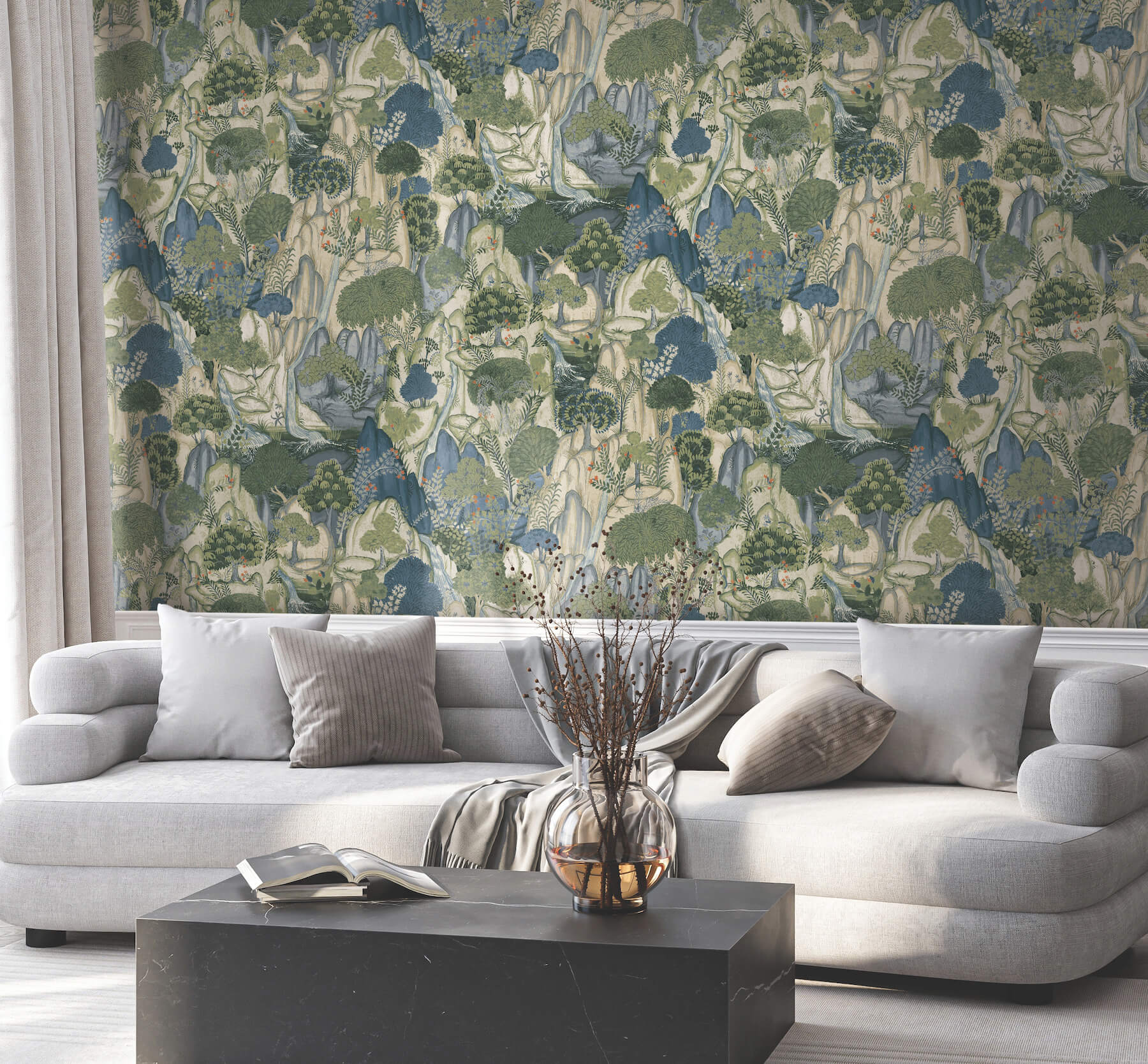 Falling Waters Sapphire Scenic Wallpaper