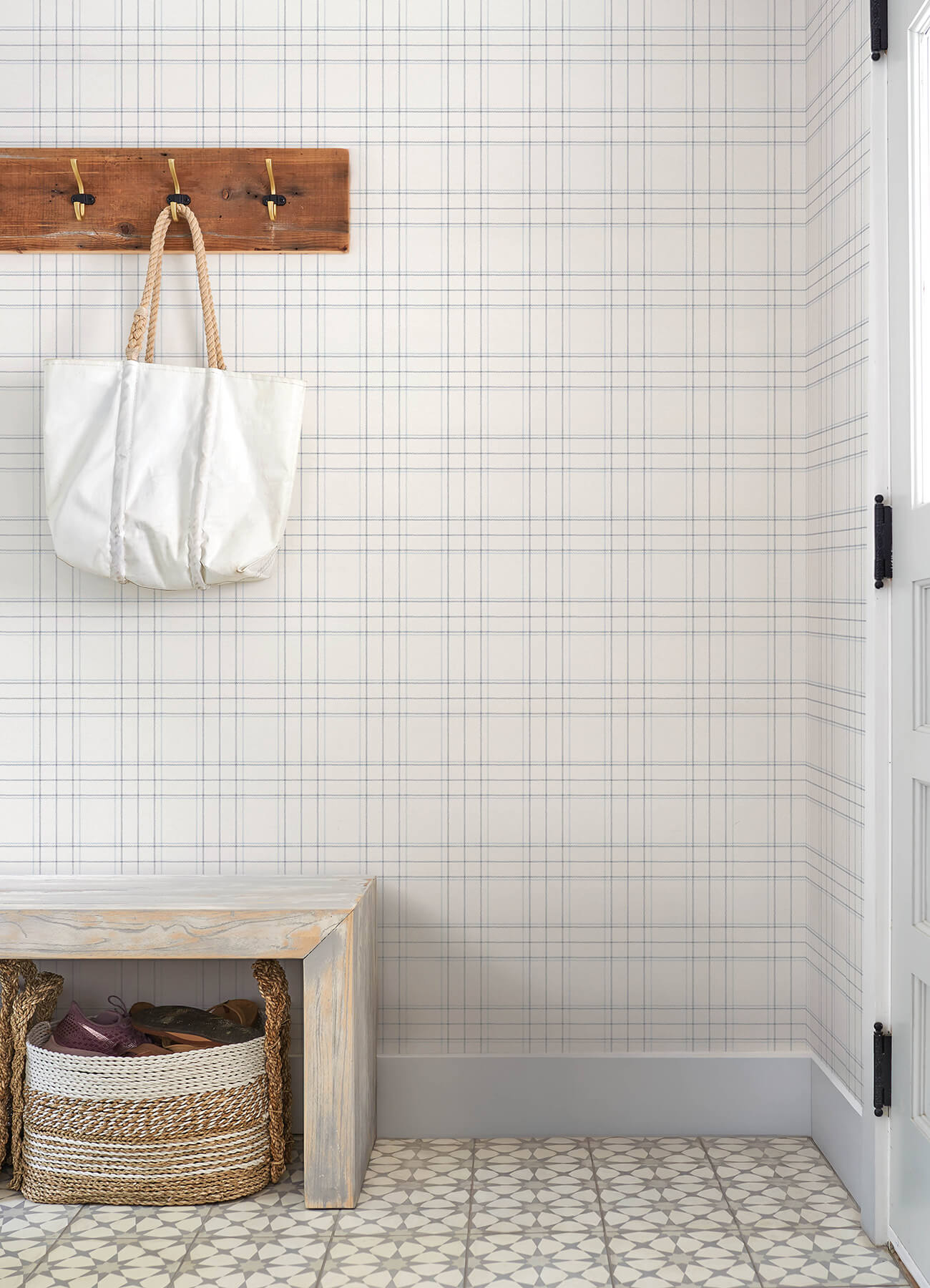 Fox Hollow White Dashed Plaid Wallpaper