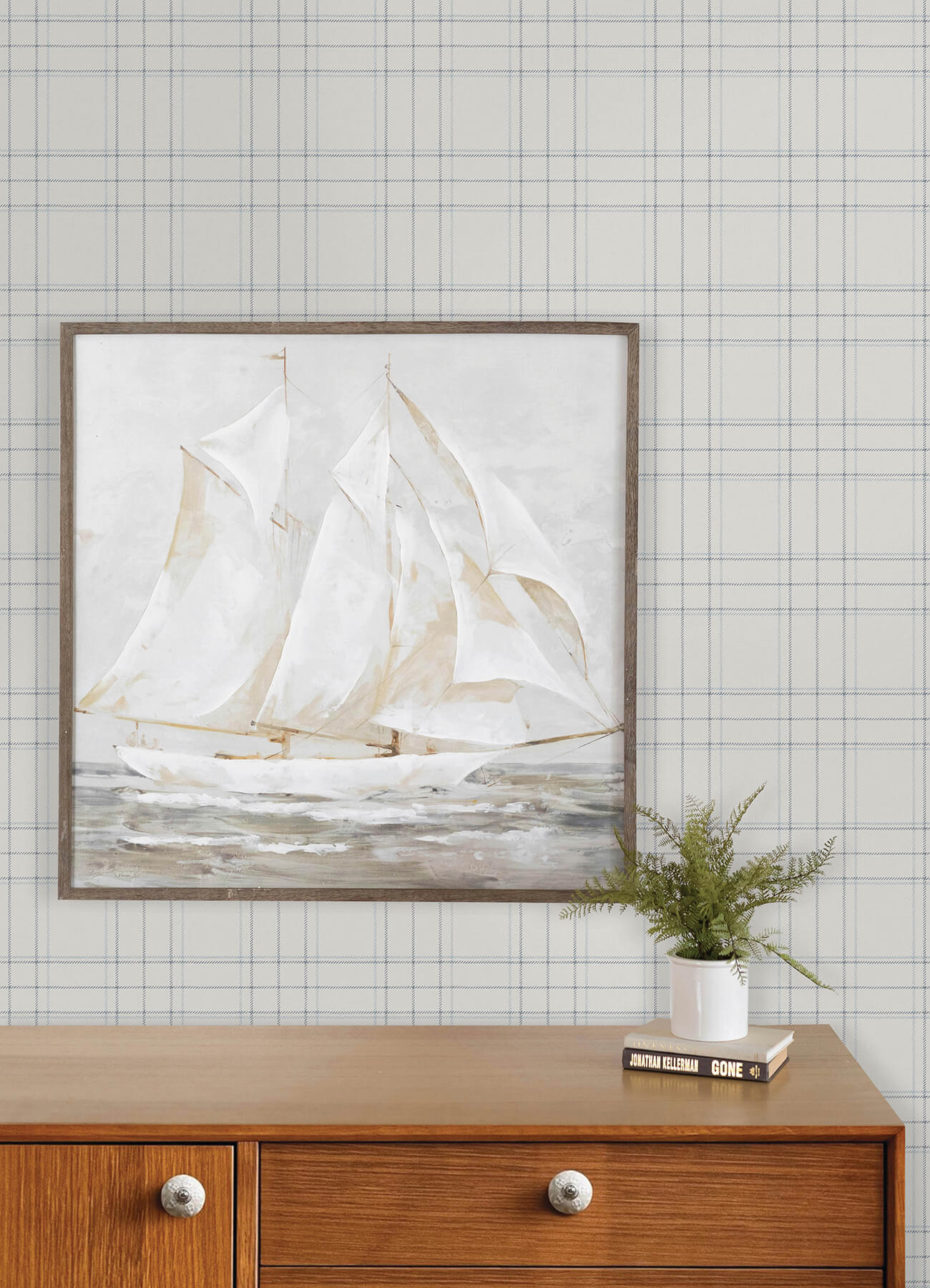 Fox Hollow White Dashed Plaid Wallpaper