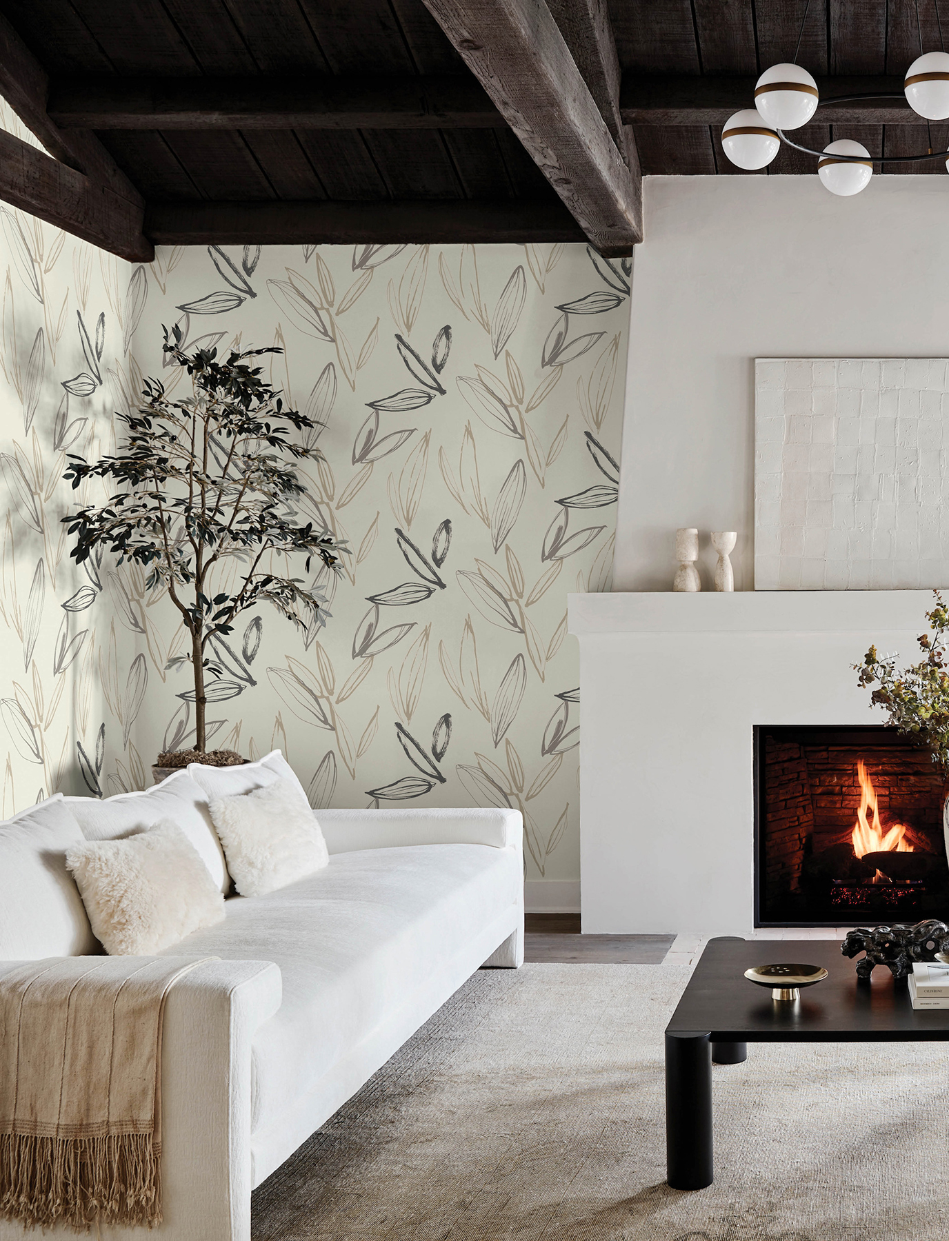 Kenia Neutral Leaf Toss Wallpaper