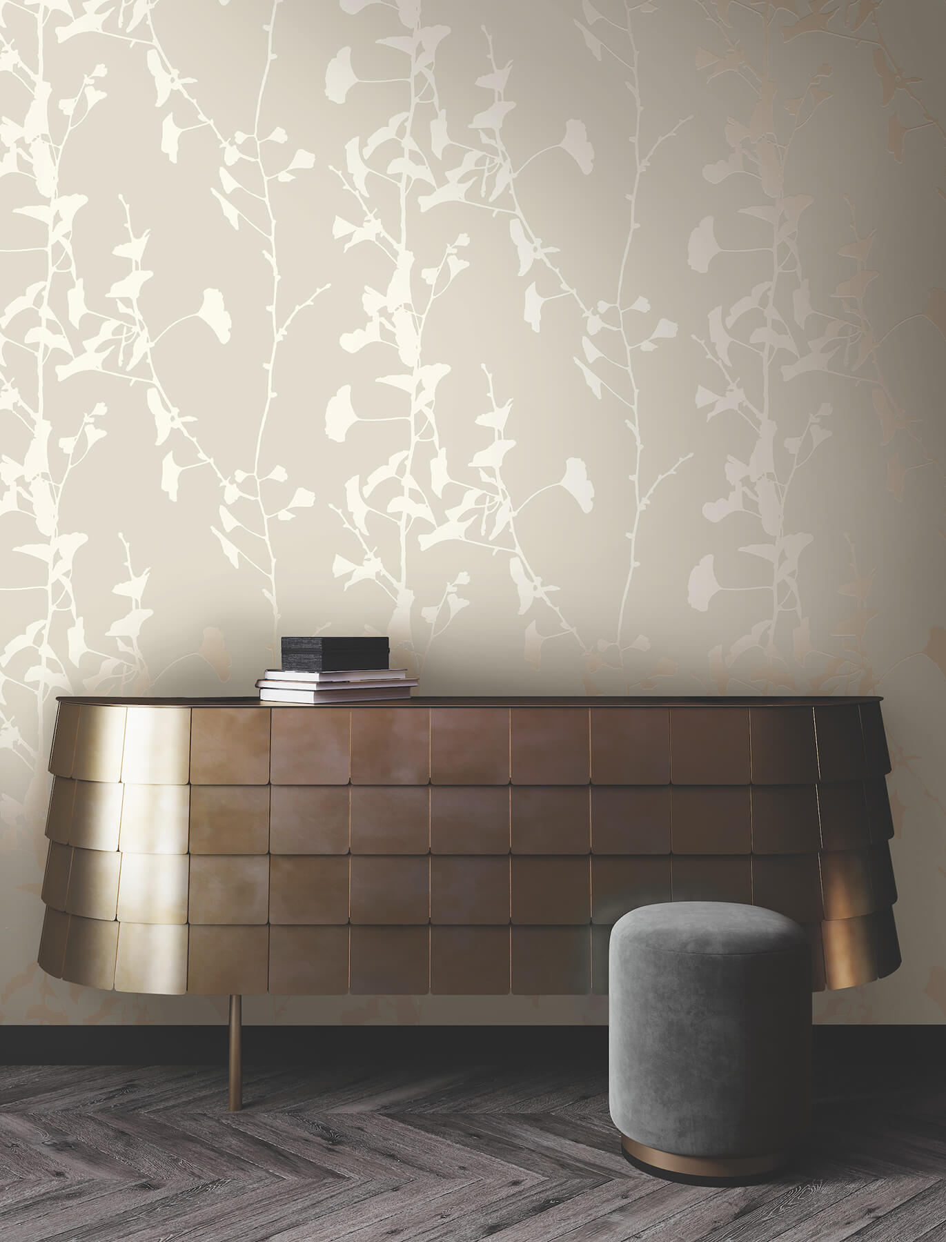 Ginkgo Silhouette Taupe Cork Wallpaper