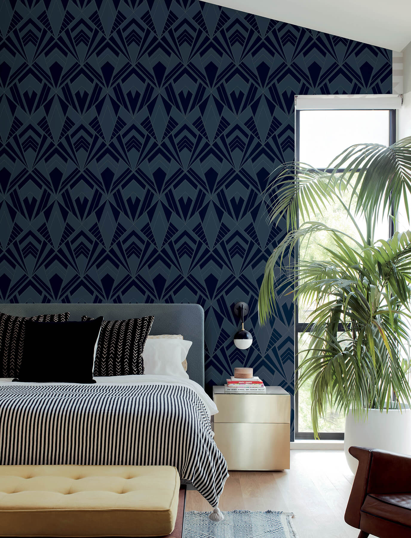 Allenby Indigo Flocked Wallpaper