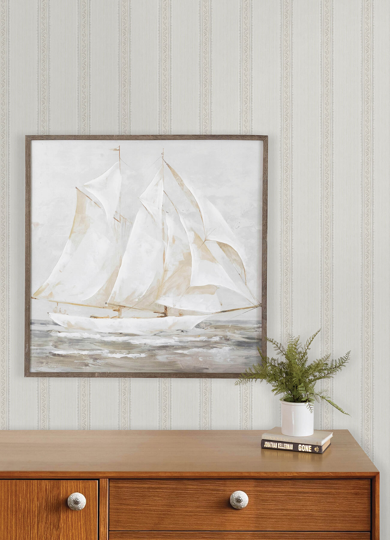 Mandevilla Beige Vine Stripe Wallpaper