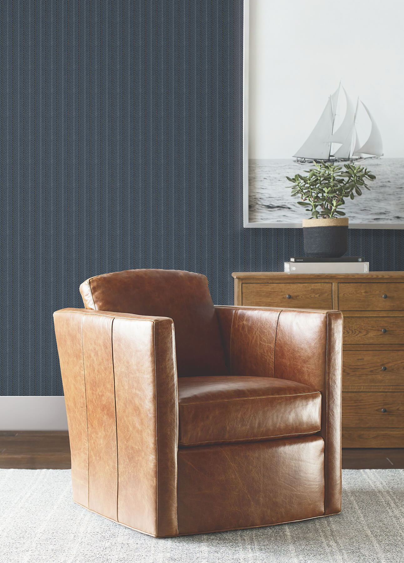Elkan Stripe Navy Herringbone Wallpaper