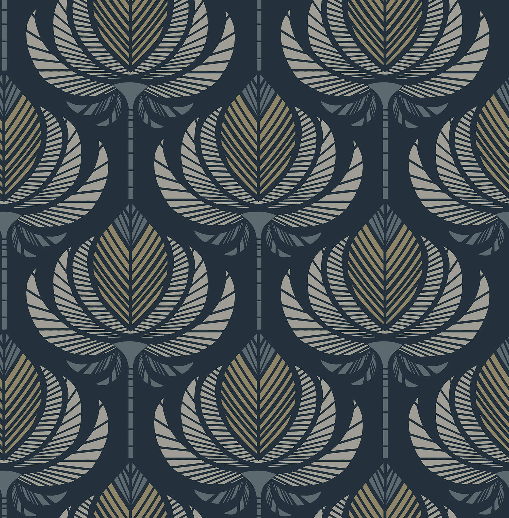 Ferrenby Dark Blue Floral Fan Wallpaper