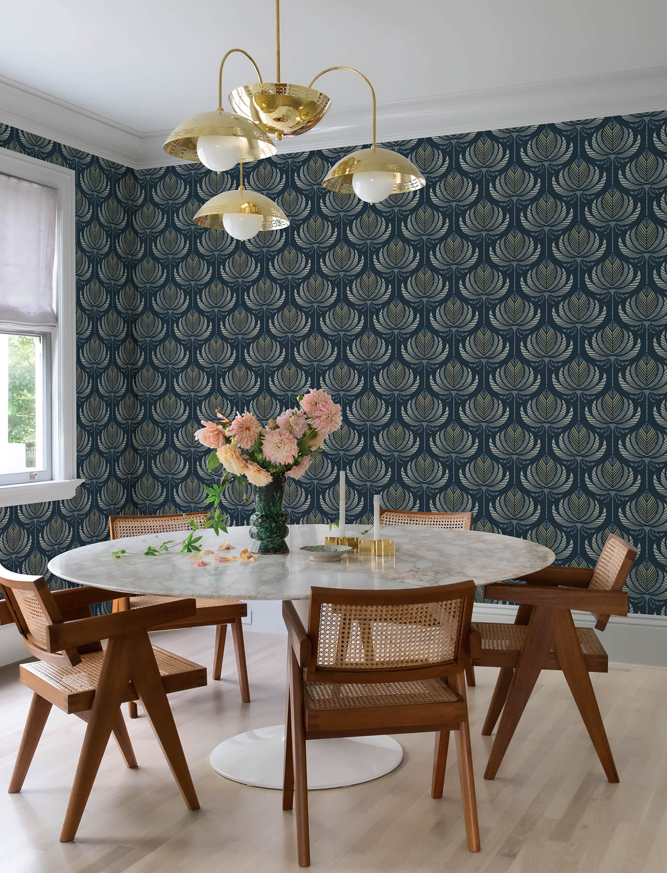 Ferrenby Dark Blue Floral Fan Wallpaper