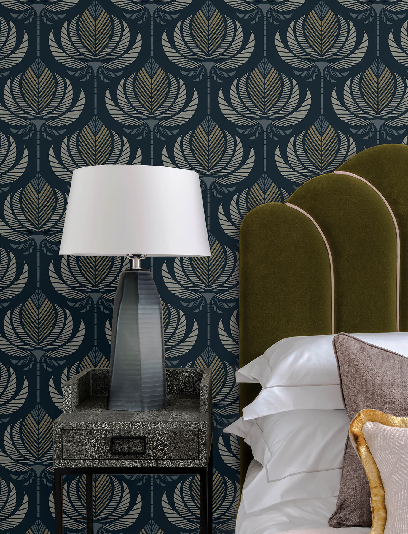 Ferrenby Dark Blue Floral Fan Wallpaper