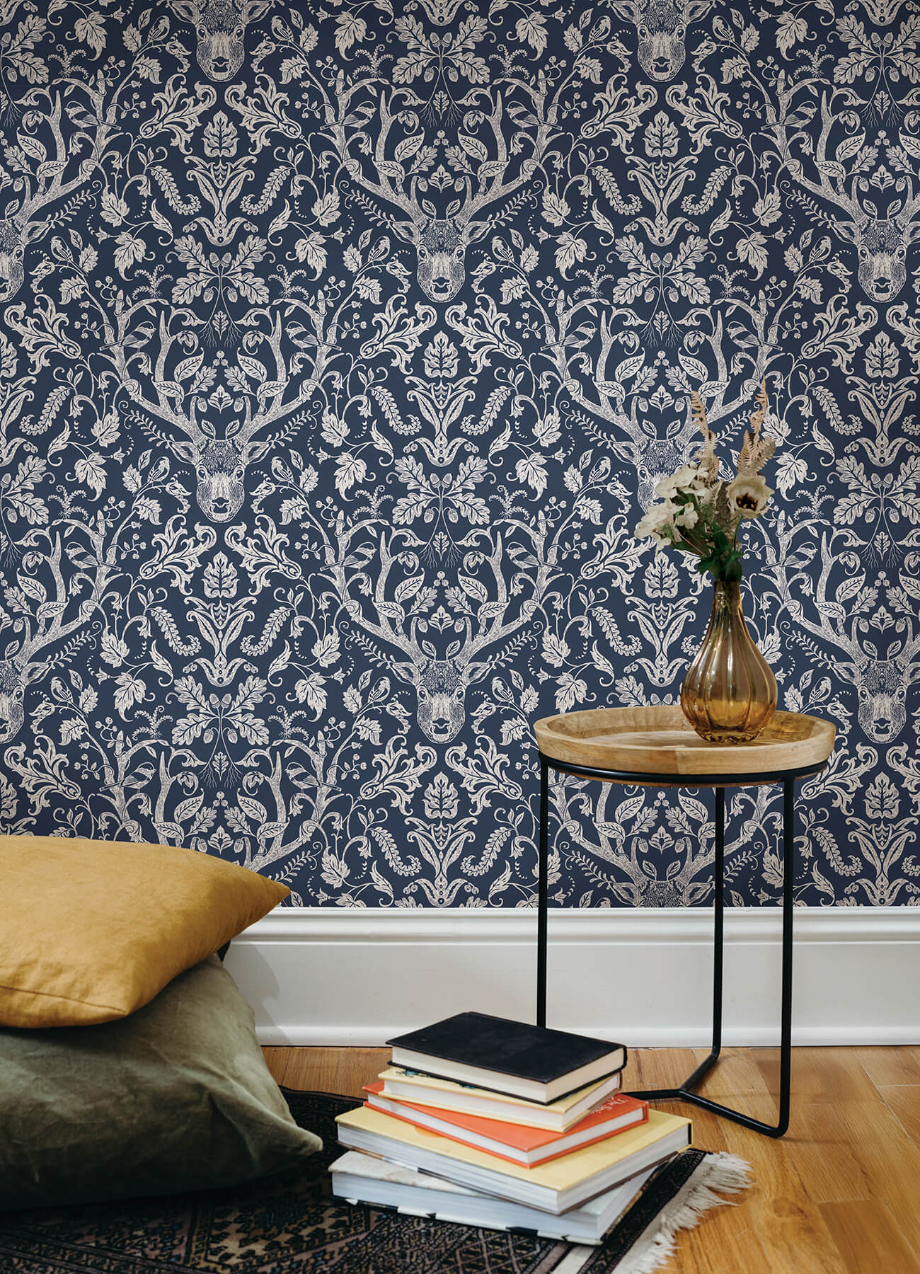 Kiwassa Navy Antler Damask Wallpaper